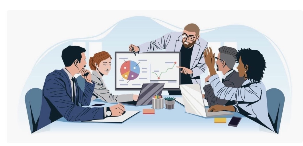 Illustration of a team reviewing a governance analytics breakdown